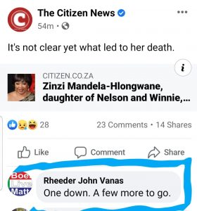 rheeder john vanas celebrates Zindzi mandela death