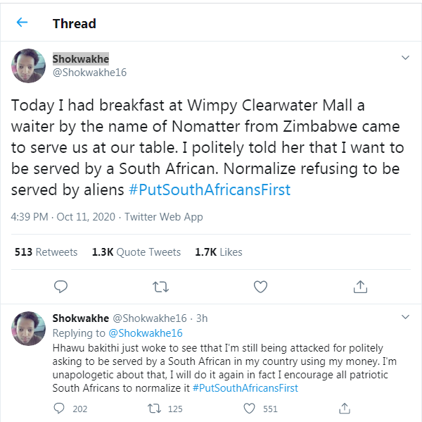 woman refuse to be served by Zimbabwean at Wimpy