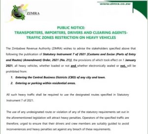 ZIMRA bans heavy vehicles from entering CBDs