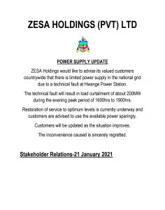 ZESA advises that there is a technical fault at Hwange Power Station which will result in "load curtailment during the evening peak period of 1600 to 1900hrs."