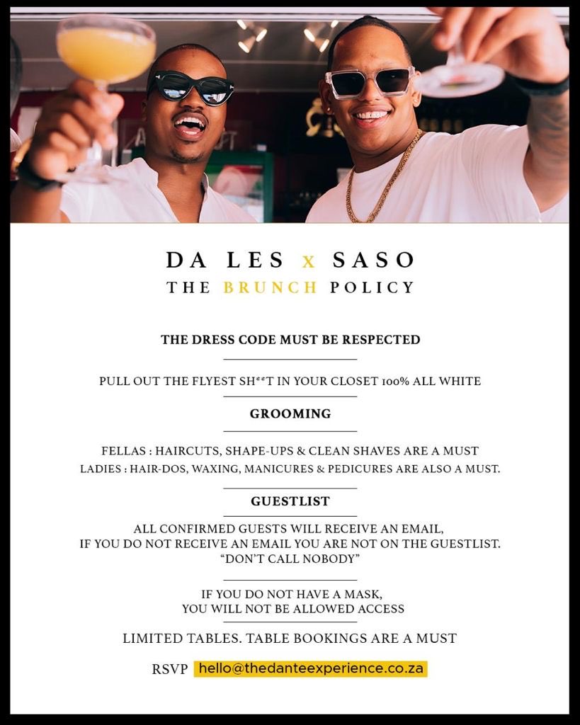 Saso and Da LES' all white party flyer raises eyebrows