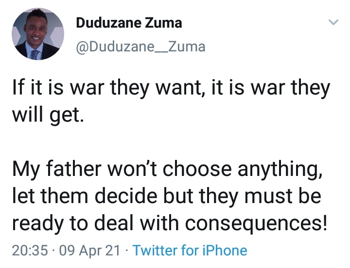 “If it is war they want, it war they will get,” Duduzane Zuma threatens his father’s rivals