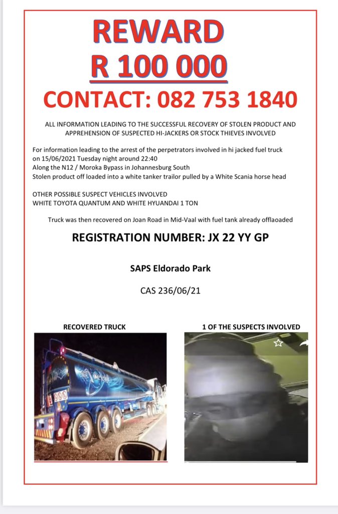 Mzansi reacts to a R100 000 reward for information leading to the arrest of people involved in a fuel truck hijacked.