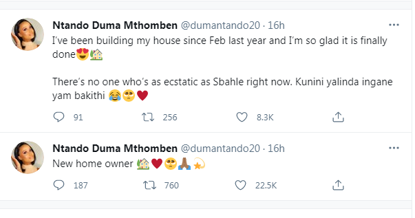 TV personality Ntando Duma finishes building her new house