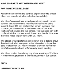 Kaya 959 statement-Image Source(Twitter)