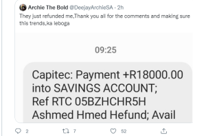 Proof of payment after Twitter trolling-Image Source(Twitter/Archie The Bold)