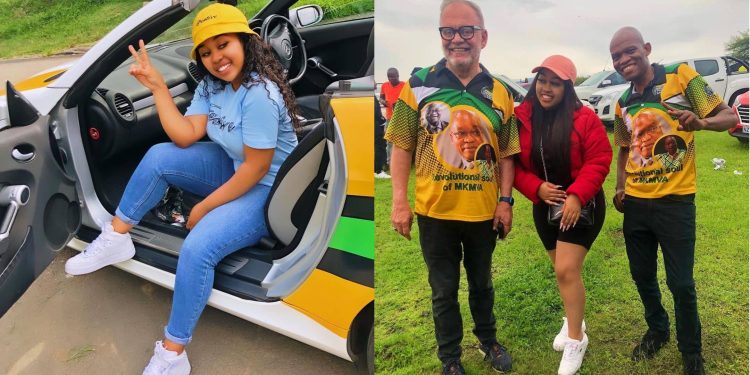 DJ Hlo sits in an ANC branded vehicle, and poses with ANC members. Image Credit: instagram.com/djhlo/
