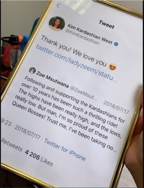 Zoe Msutwana frames a tweet she received from Kim Kardashian