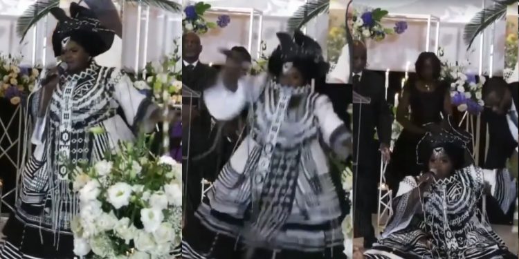 Jessica Mbangeni falls during Kuli Roberts memorial service