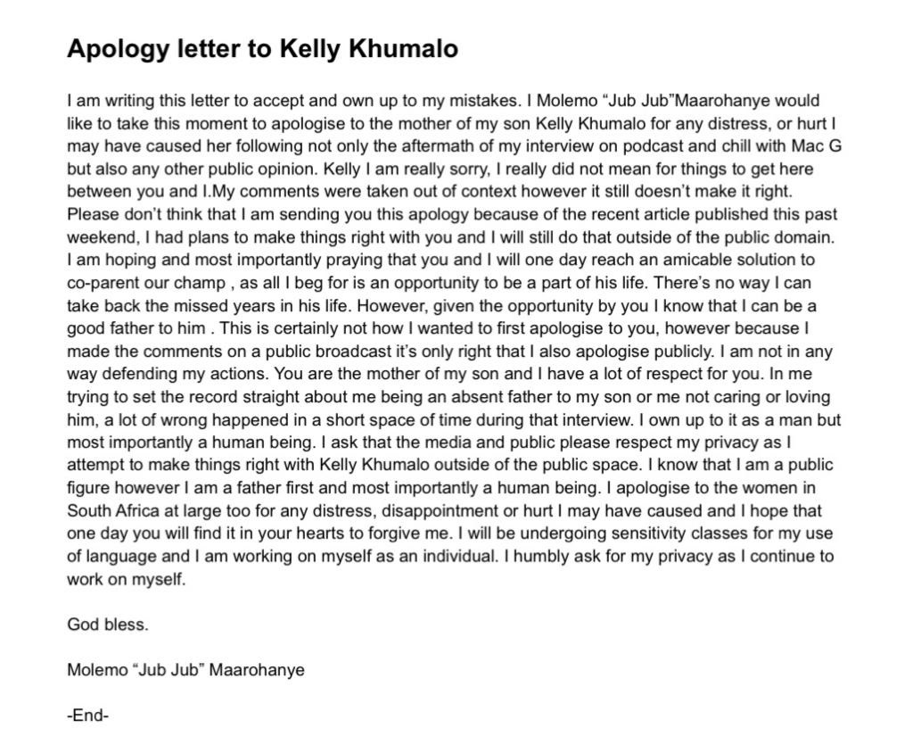Jub Jub's apology letter to Kelly Khumalo