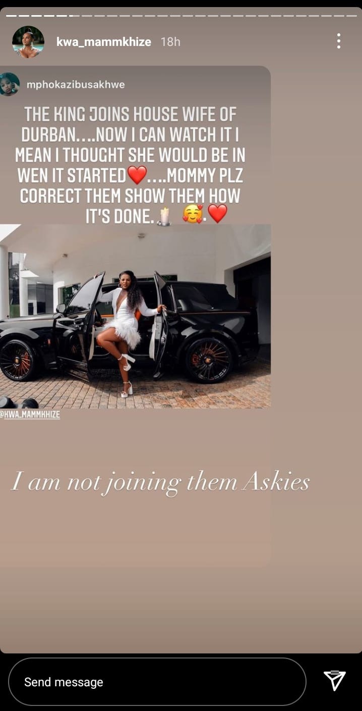 MaMkhize responds to joining Real Housewives Of Durban (Source Instagram)