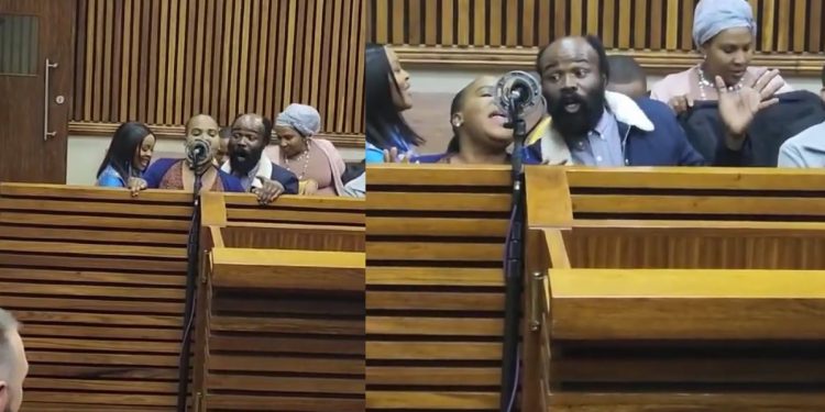 Gomora actors Zodwa 'Sannah Mchunu and Bongani 'Thulani Mtsweni' leads the singing in a courtroom.