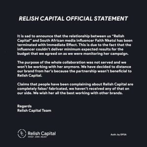 Relish Capital statement