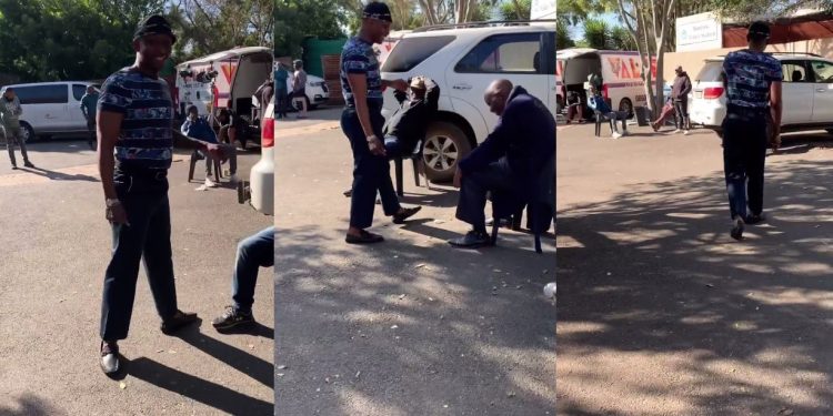 Brutus 'Themba Ndaba' and Mlungisi 'Siphesihle Vazi joking around while The Queen cast busks on sunshine.