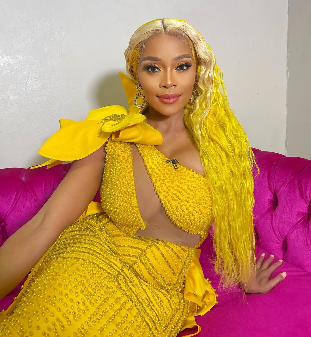 Thembi Seete with a stunning yellow and blonde hairstyle