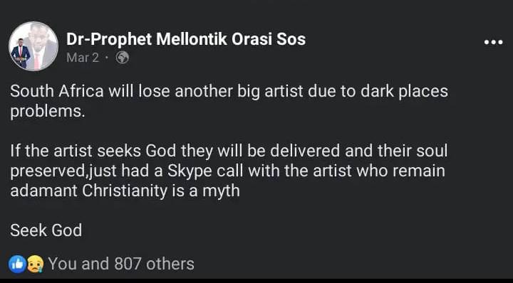 Prophet Mellontik Orasi Sos' post about a South African musician.