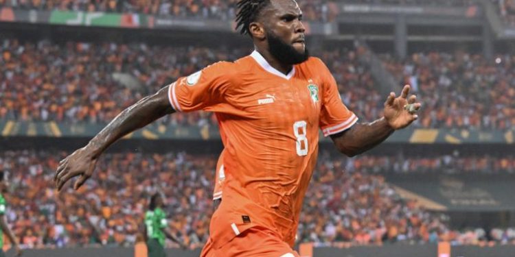 Franck Kessie celebrating a goal for Ivory Coast